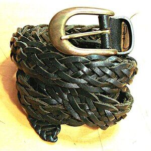 Dark Brown Black Woven Braided Leather Belt Womens M/L Brass Silver Hardware Vtg